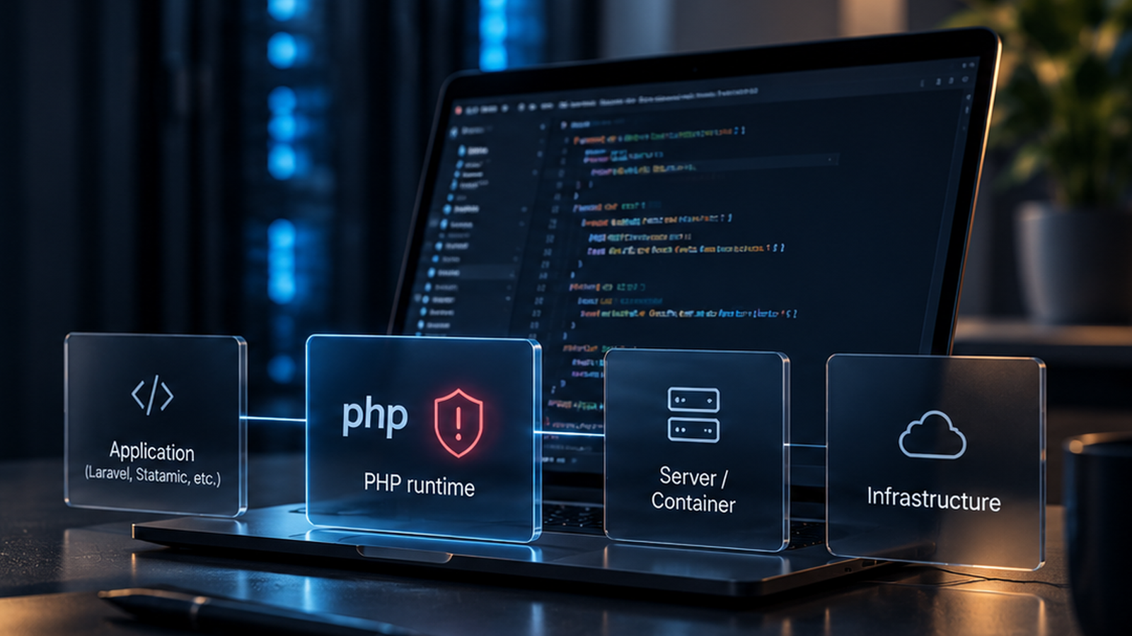 Developer workstation illustrating PHP application code, runtime, and infrastructure security