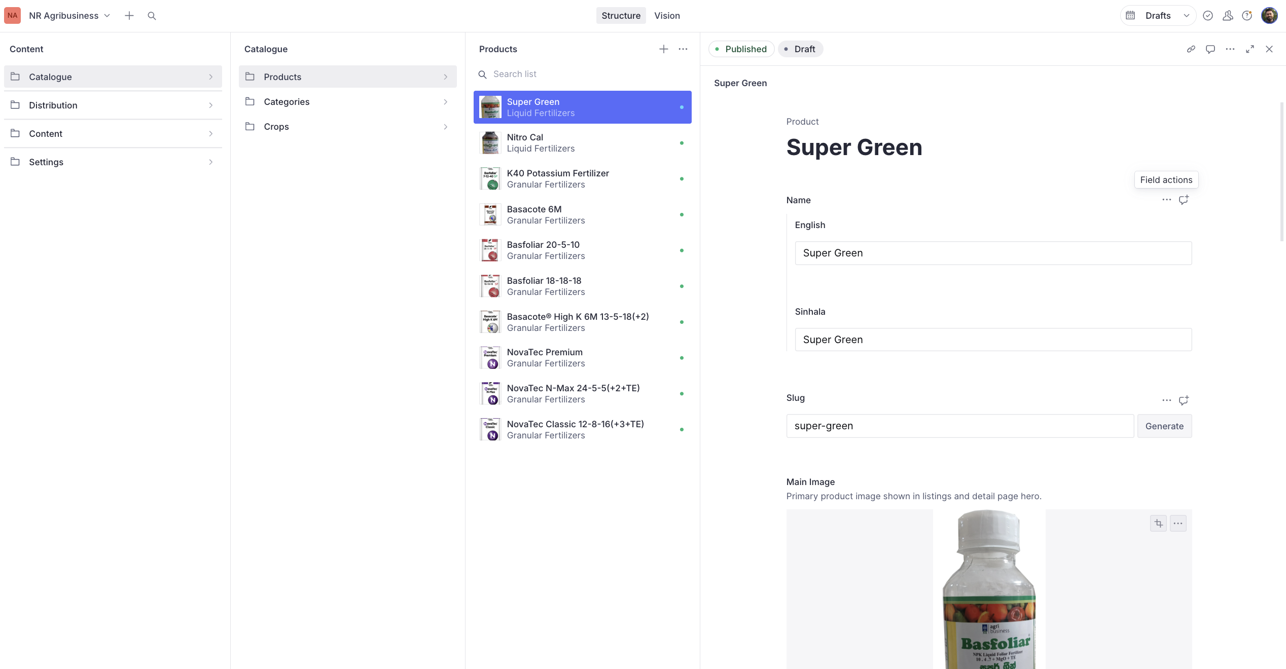 NR Agribusiness Sanity CMS showing product fields, categories and crops