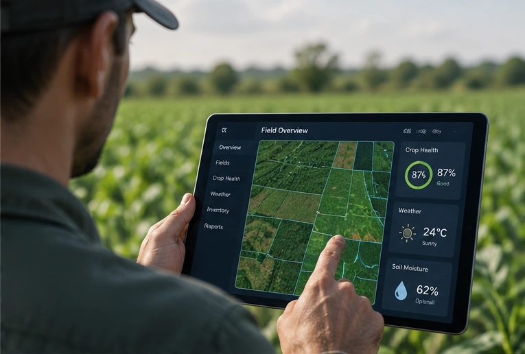 Mitarbeiter im Außeneinsatz nutzt eine digitale Plattform auf einem Tablet
