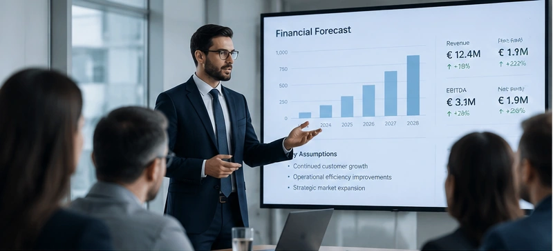 Finance team reviewing a financial model and forecast