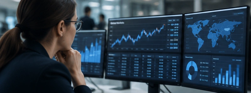 Financial analyst reviewing data across multiple screens