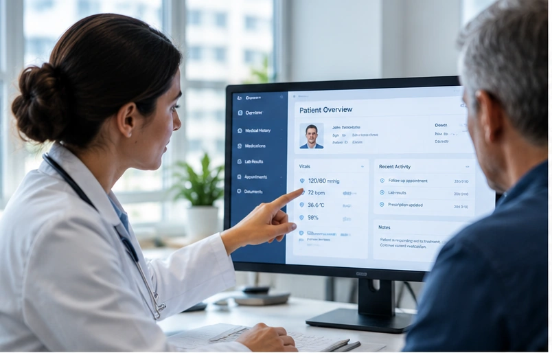 Healthcare professional reviewing patient information in a digital system