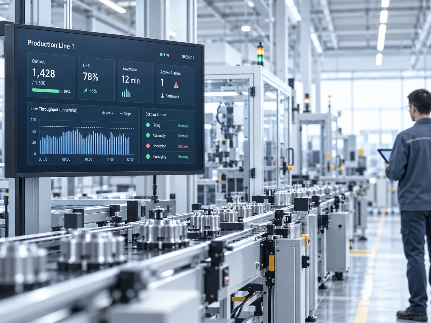 Production monitoring display beside a manufacturing line