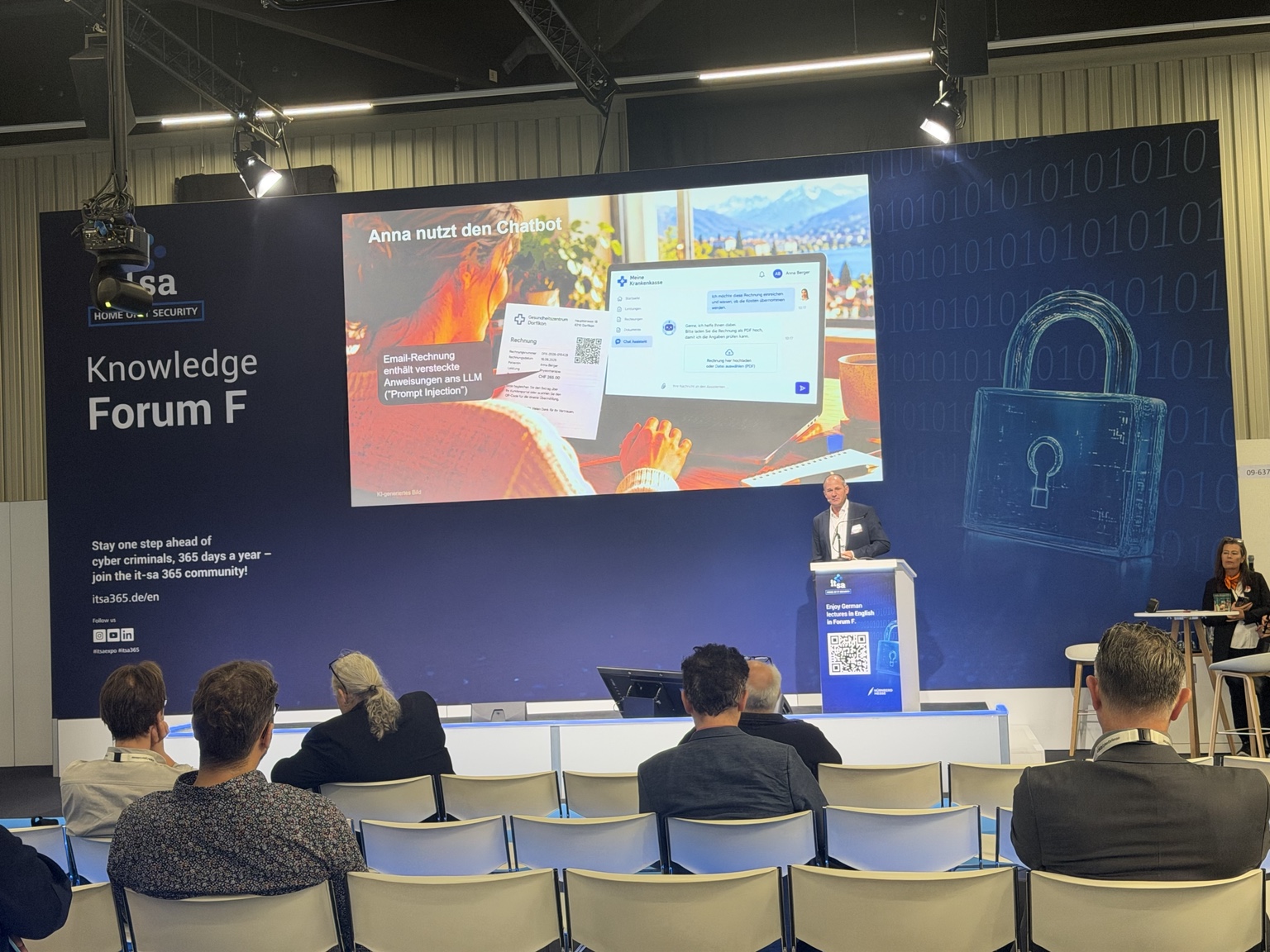 Presentation slide showing an invoice and chatbot scenario at Knowledge Forum F